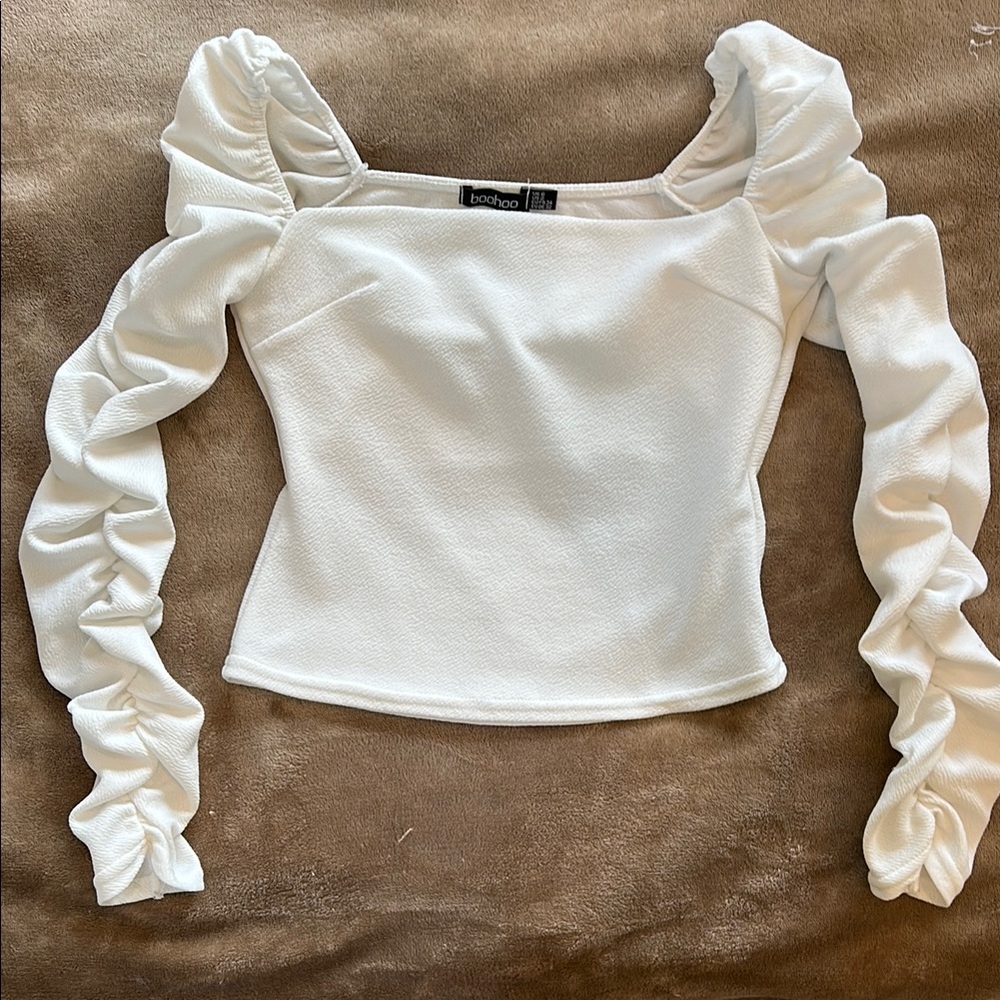 Boohoo White Ruched Sleeve Top